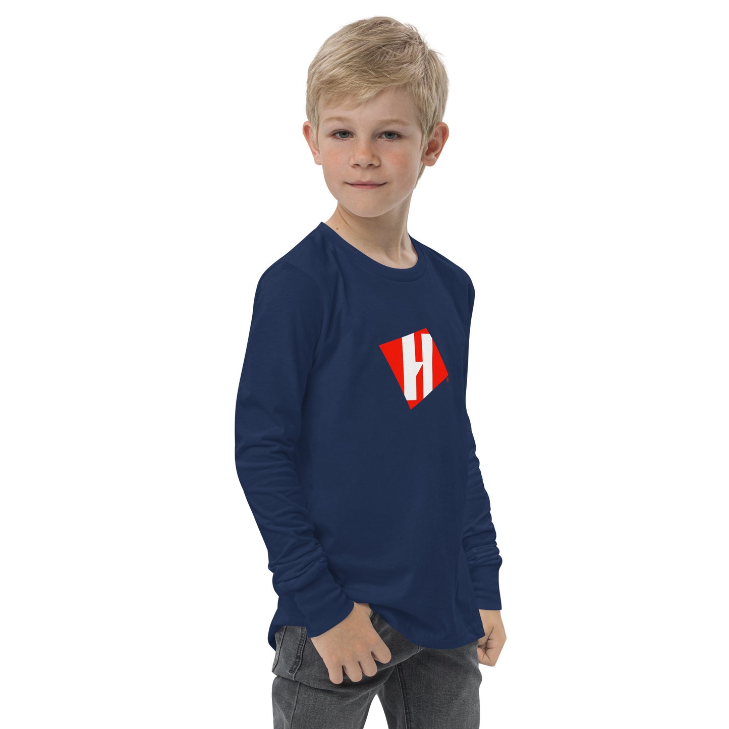 Youth long sleeve tee with color H logo on front and white text logo on back