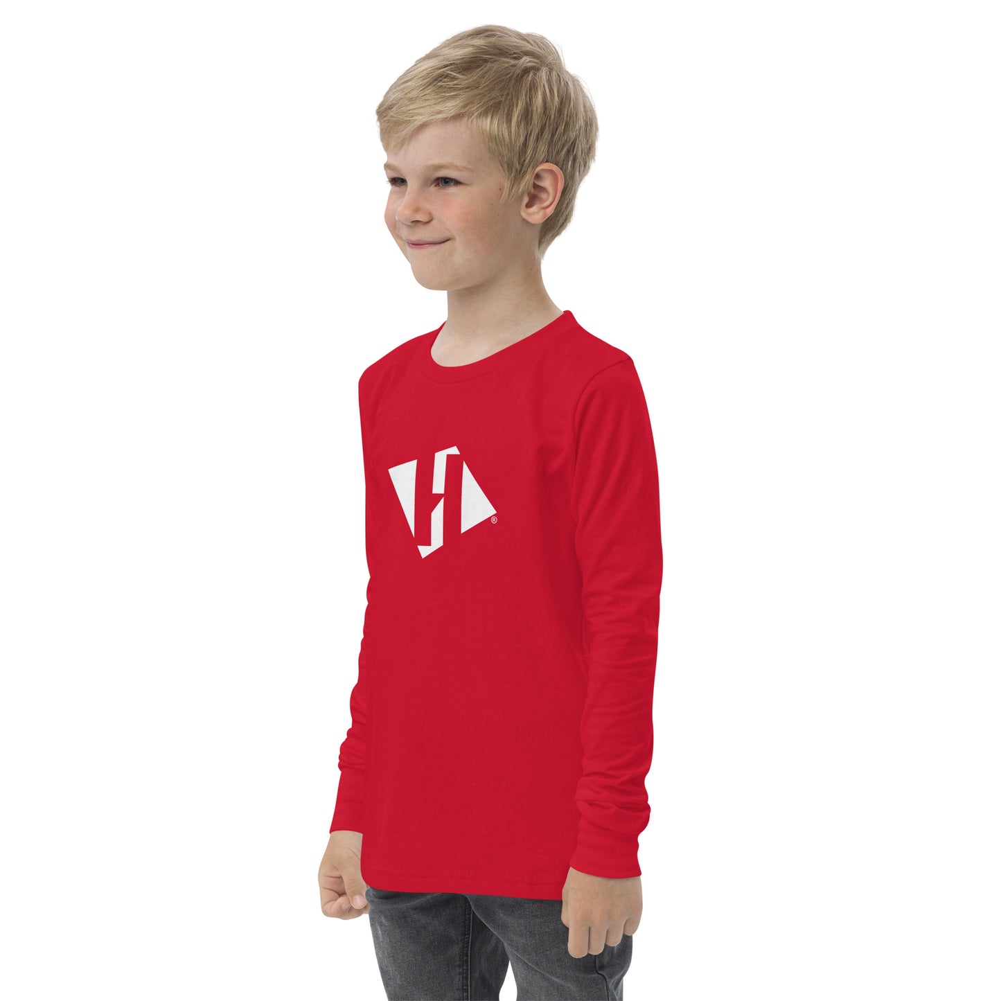Youth long sleeve tee with white H logo on front and white text logo on back