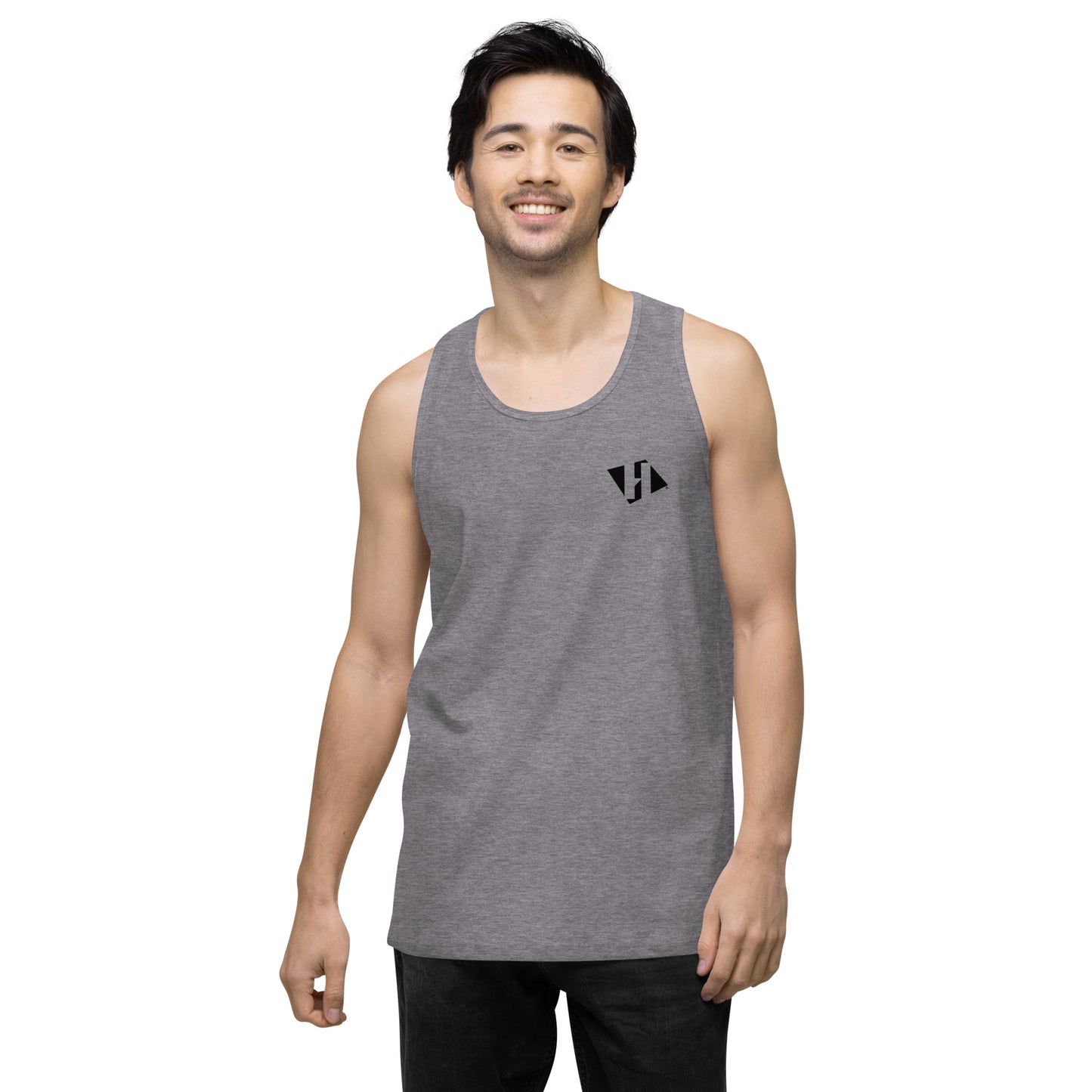 Men’s premium tank top w/printed black H logo on front and black text logo on back