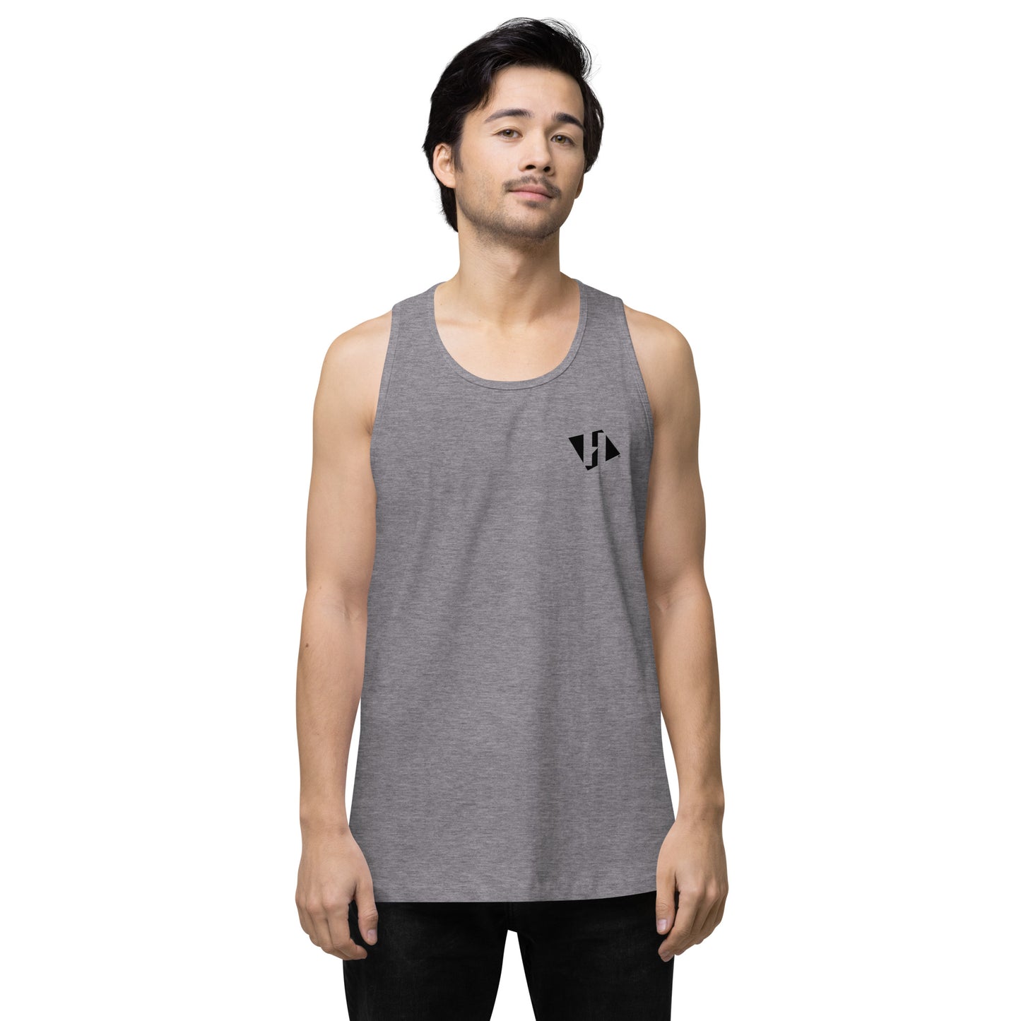 Men’s premium tank top w/printed black H logo on front and black text logo on back