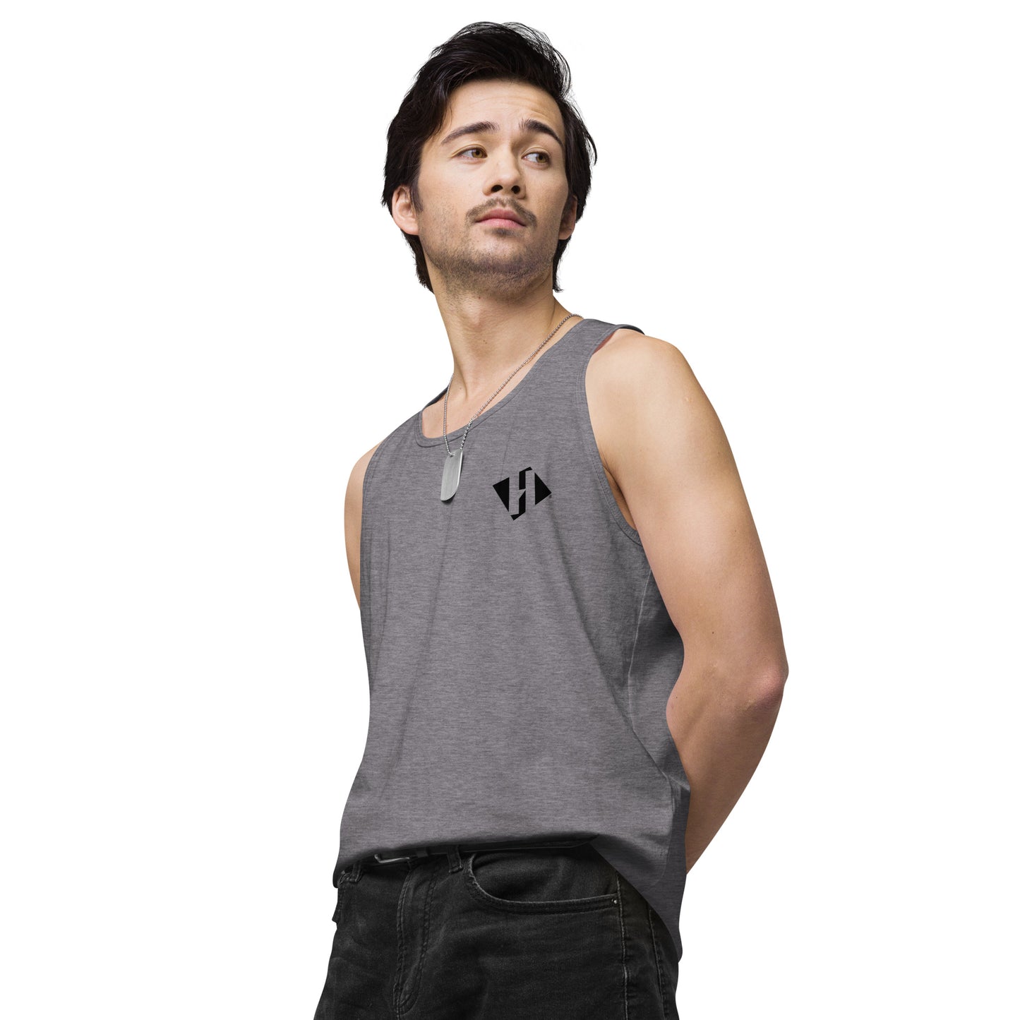 Men’s premium tank top w/printed black H logo on front and black text logo on back