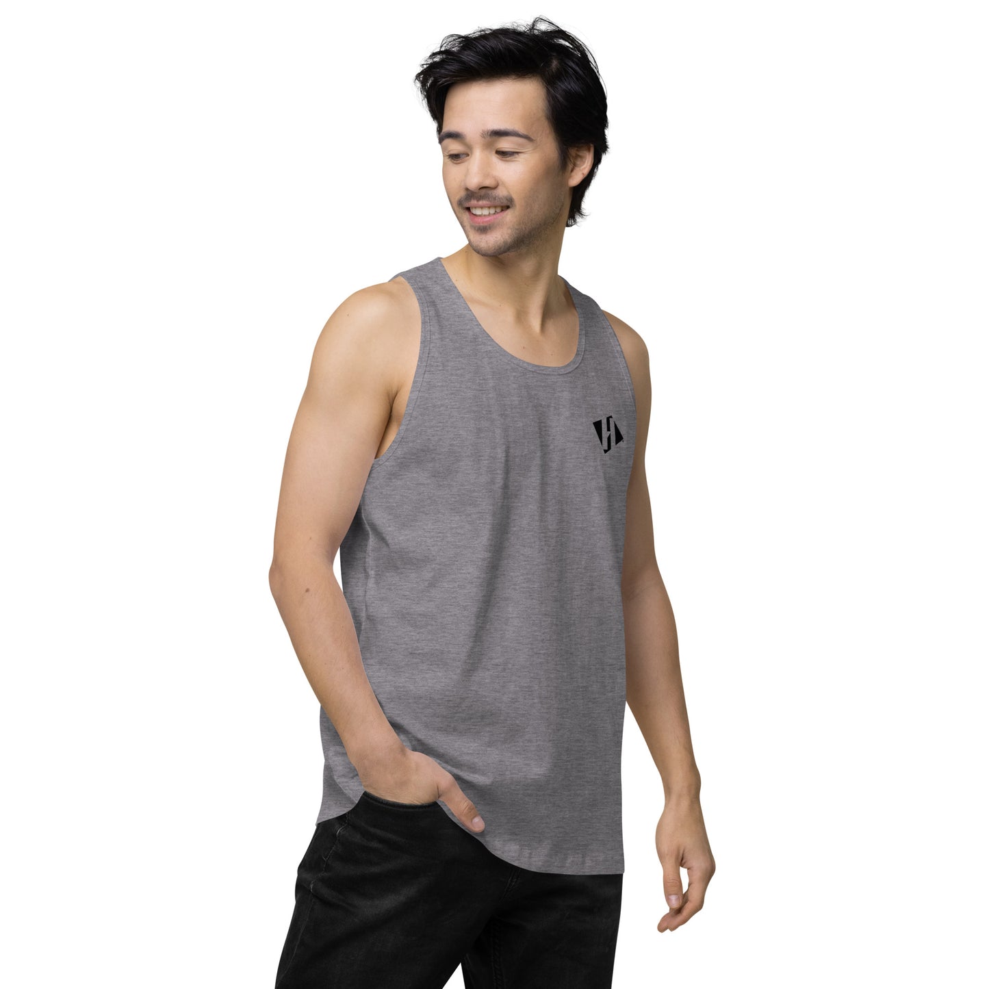 Men’s premium tank top w/printed black H logo on front and black text logo on back