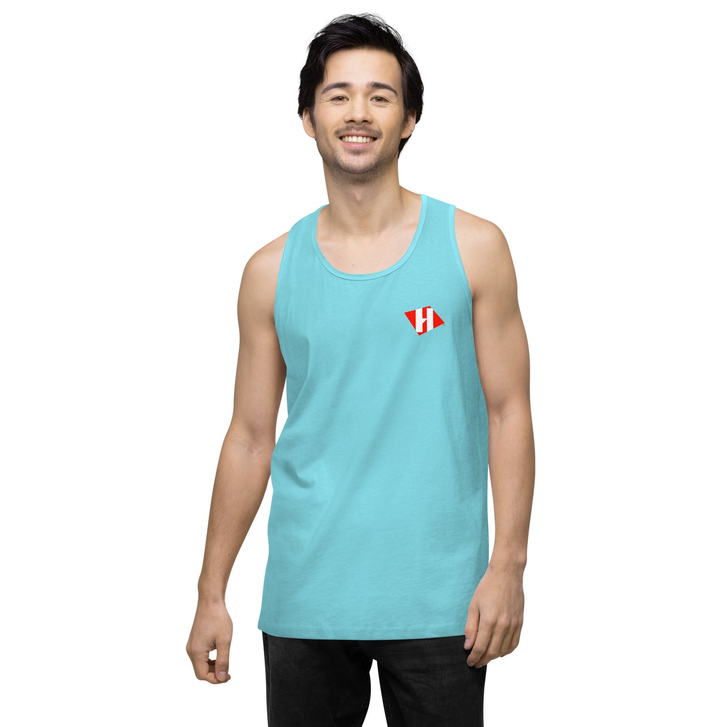 Men’s premium tank top w/printed color H logo on front and black text logo on back