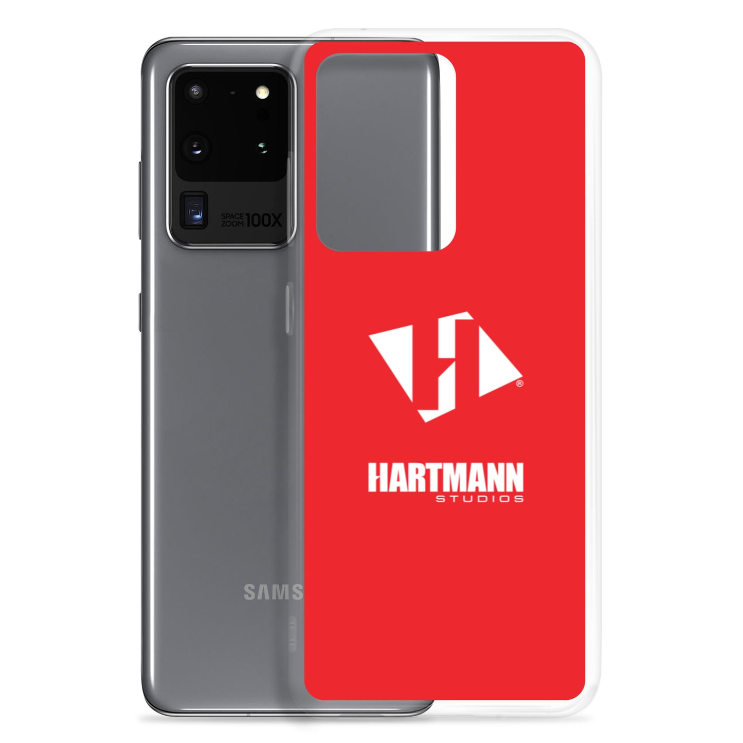 Samsung case w/stacked white logo on red background