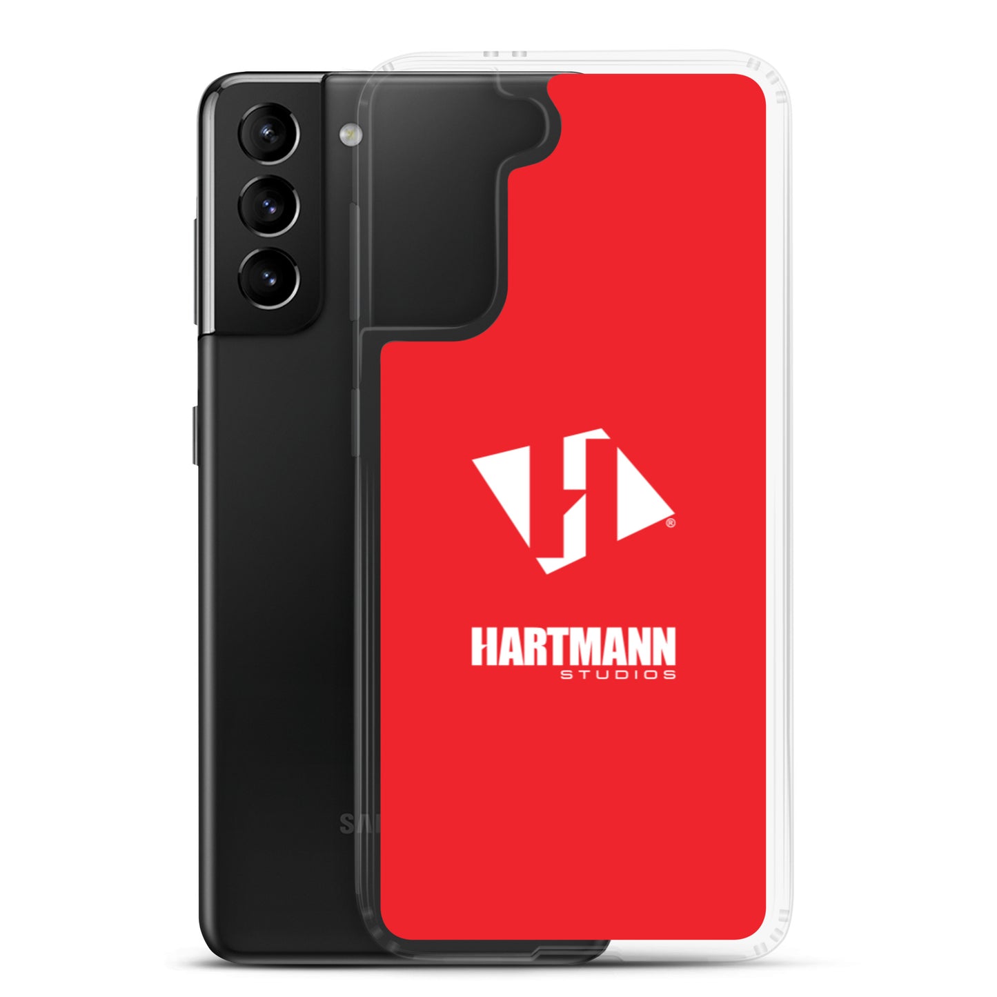 Samsung case w/stacked white logo on red background