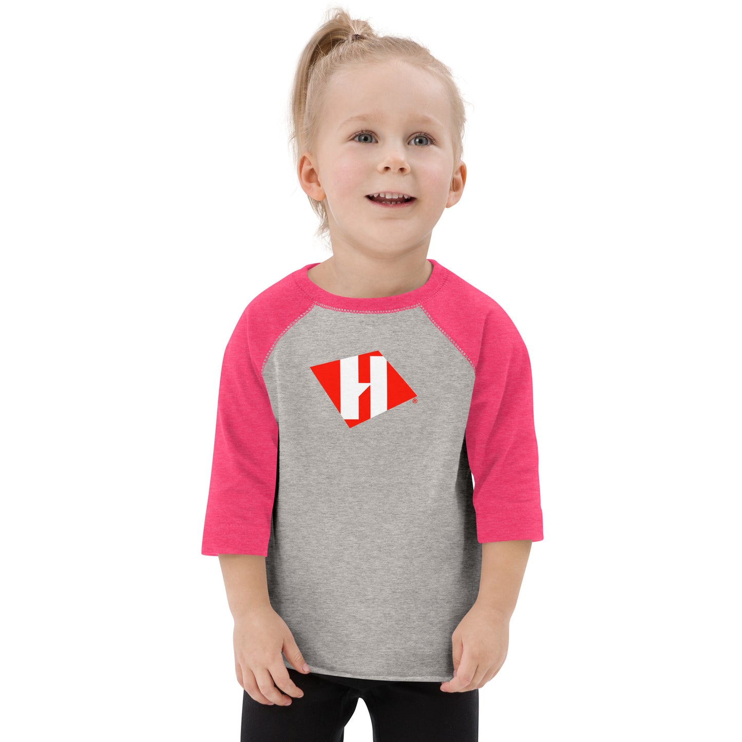 Toddler baseball shirt with color H logo on front and black text logo on back