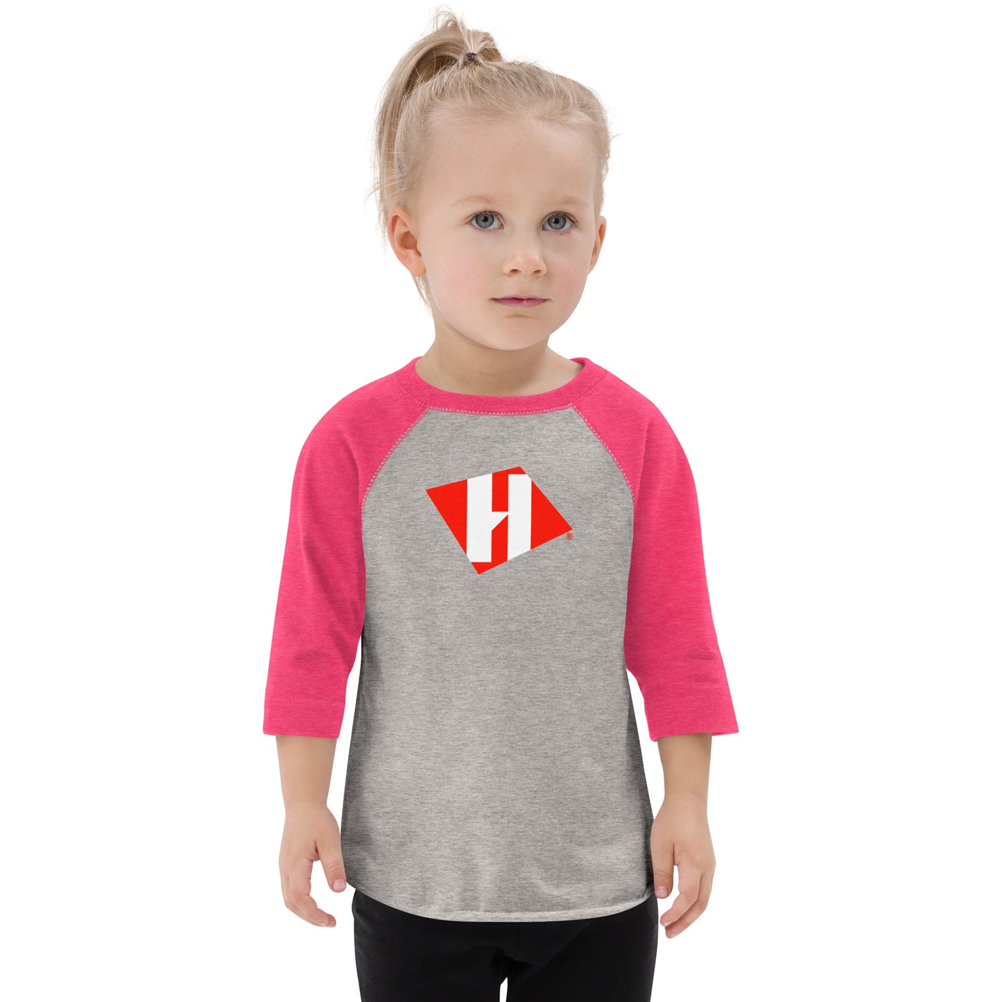 Toddler baseball shirt with color H logo on front and black text logo on back