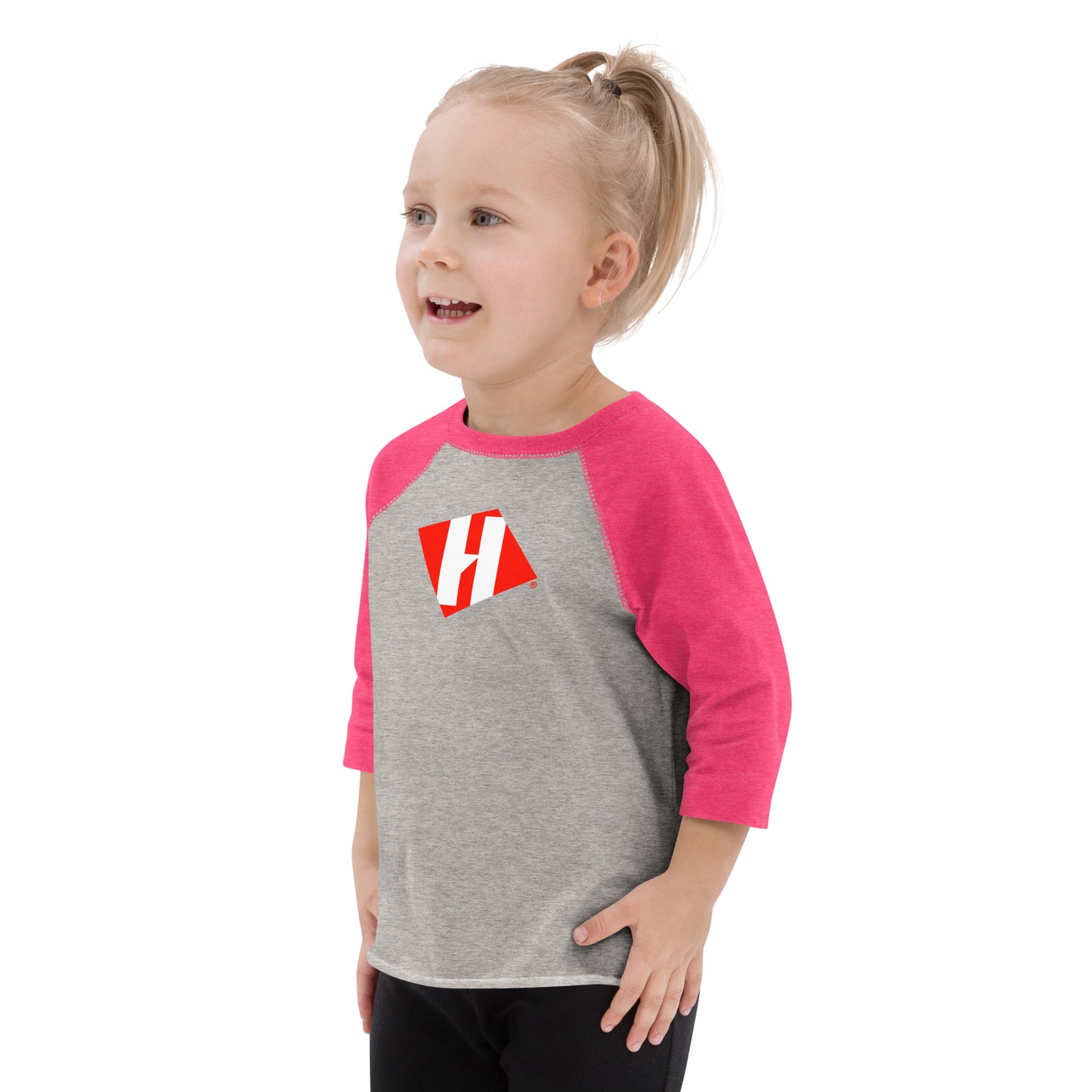 Toddler baseball shirt with color H logo on front and black text logo on back
