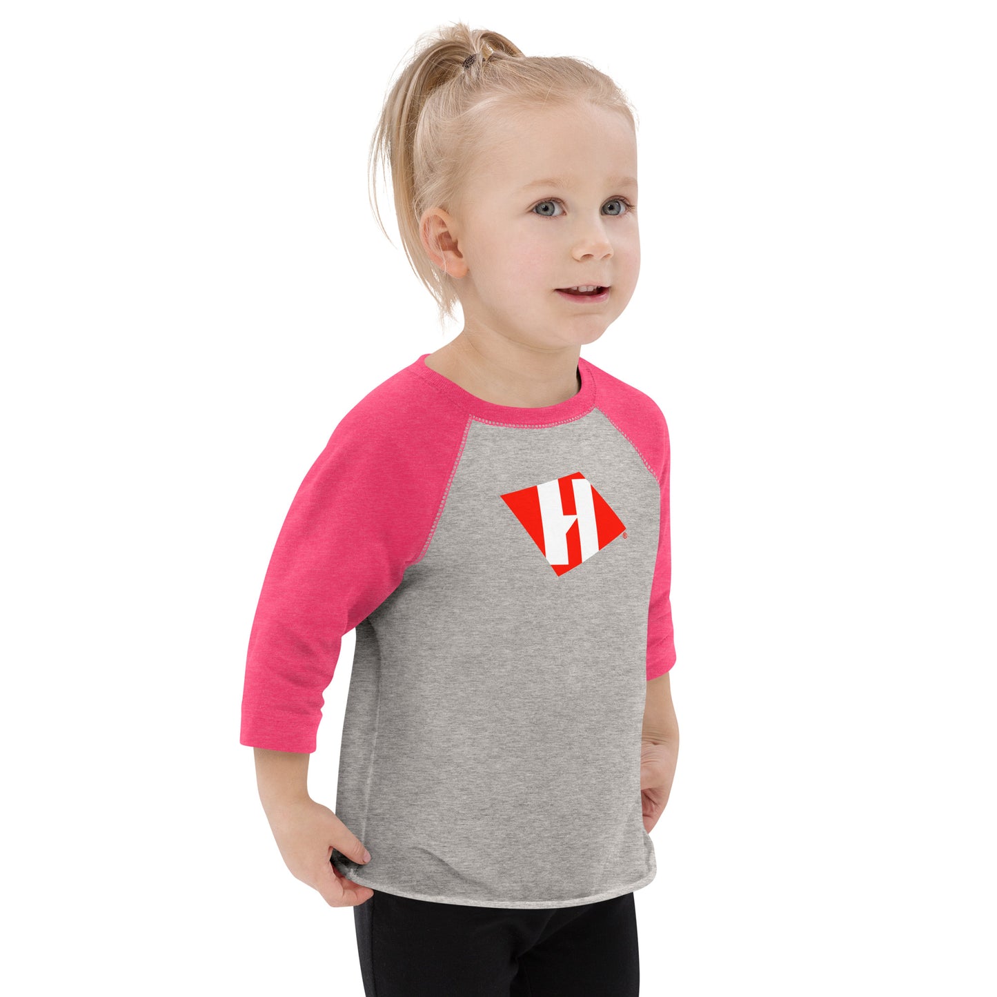 Toddler baseball shirt with color H logo on front and black text logo on back