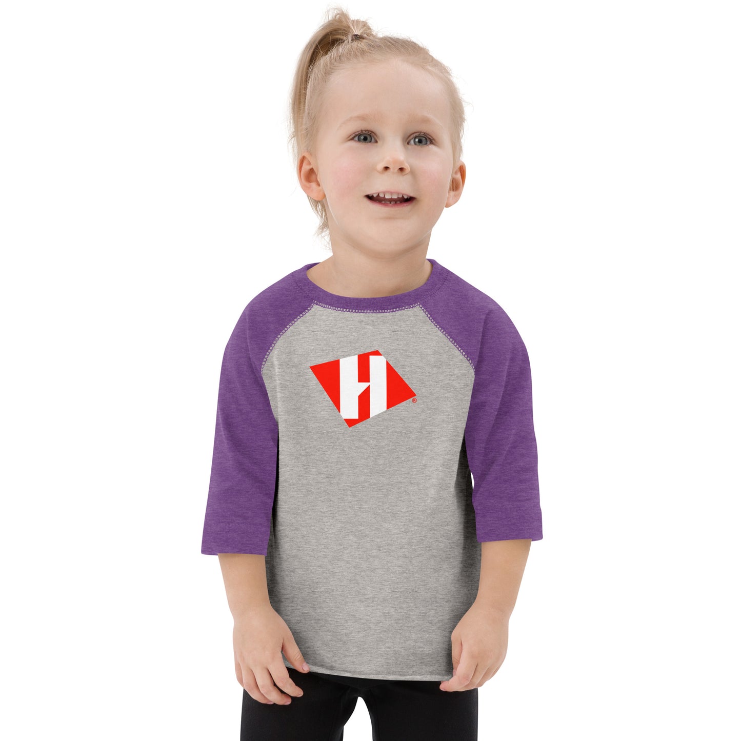 Toddler baseball shirt with color H logo on front and black text logo on back