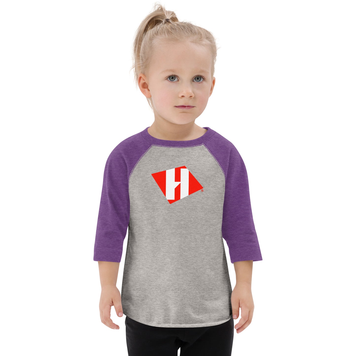 Toddler baseball shirt with color H logo on front and black text logo on back