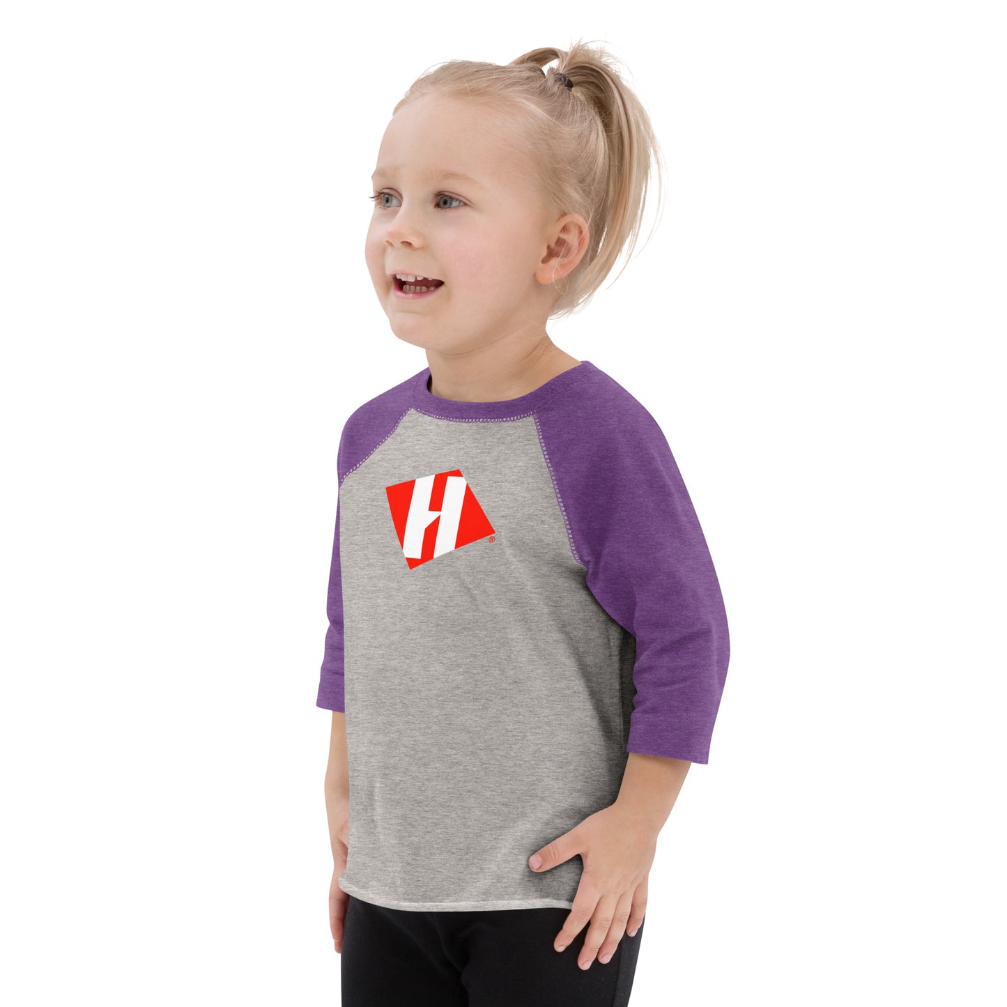 Toddler baseball shirt with color H logo on front and black text logo on back