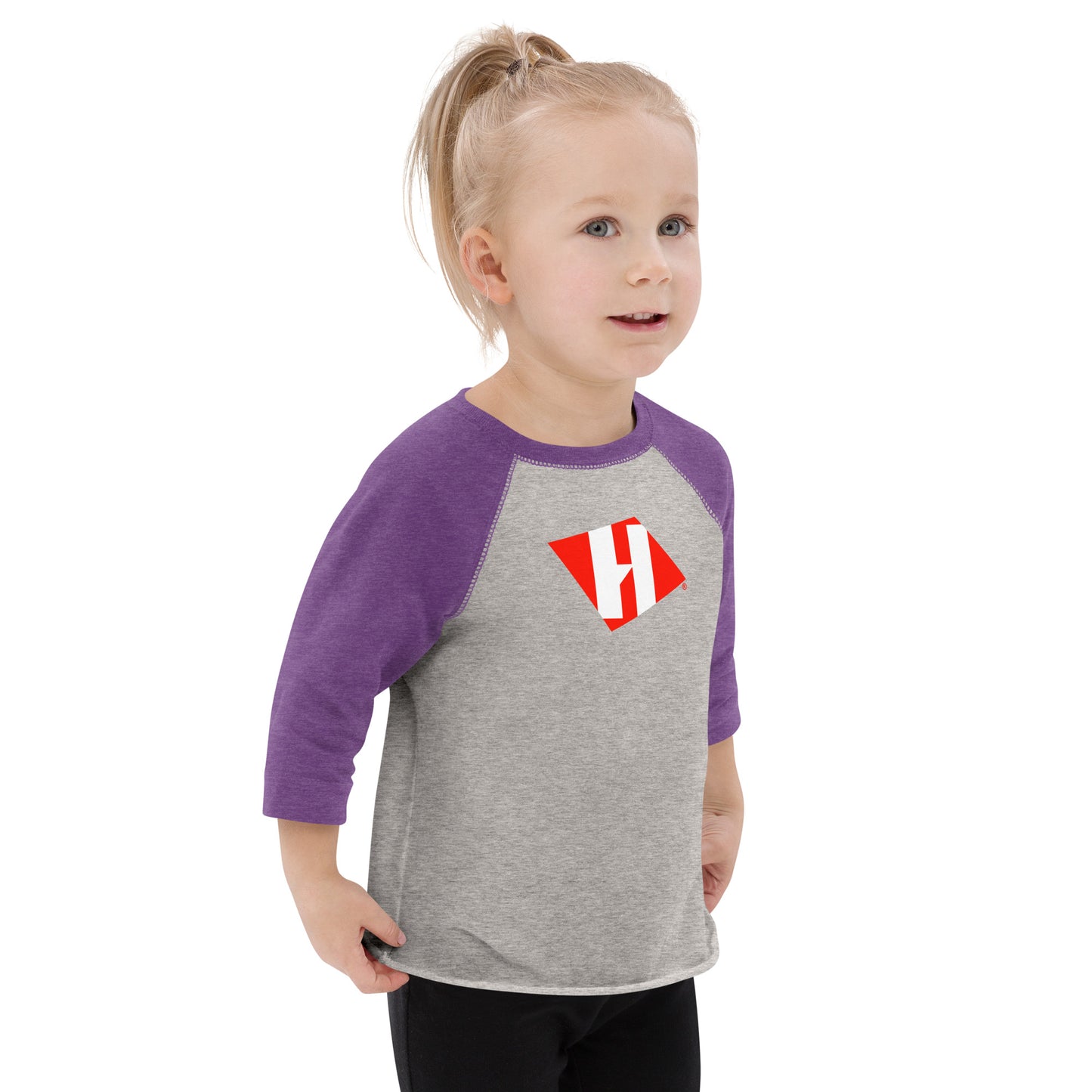 Toddler baseball shirt with color H logo on front and black text logo on back