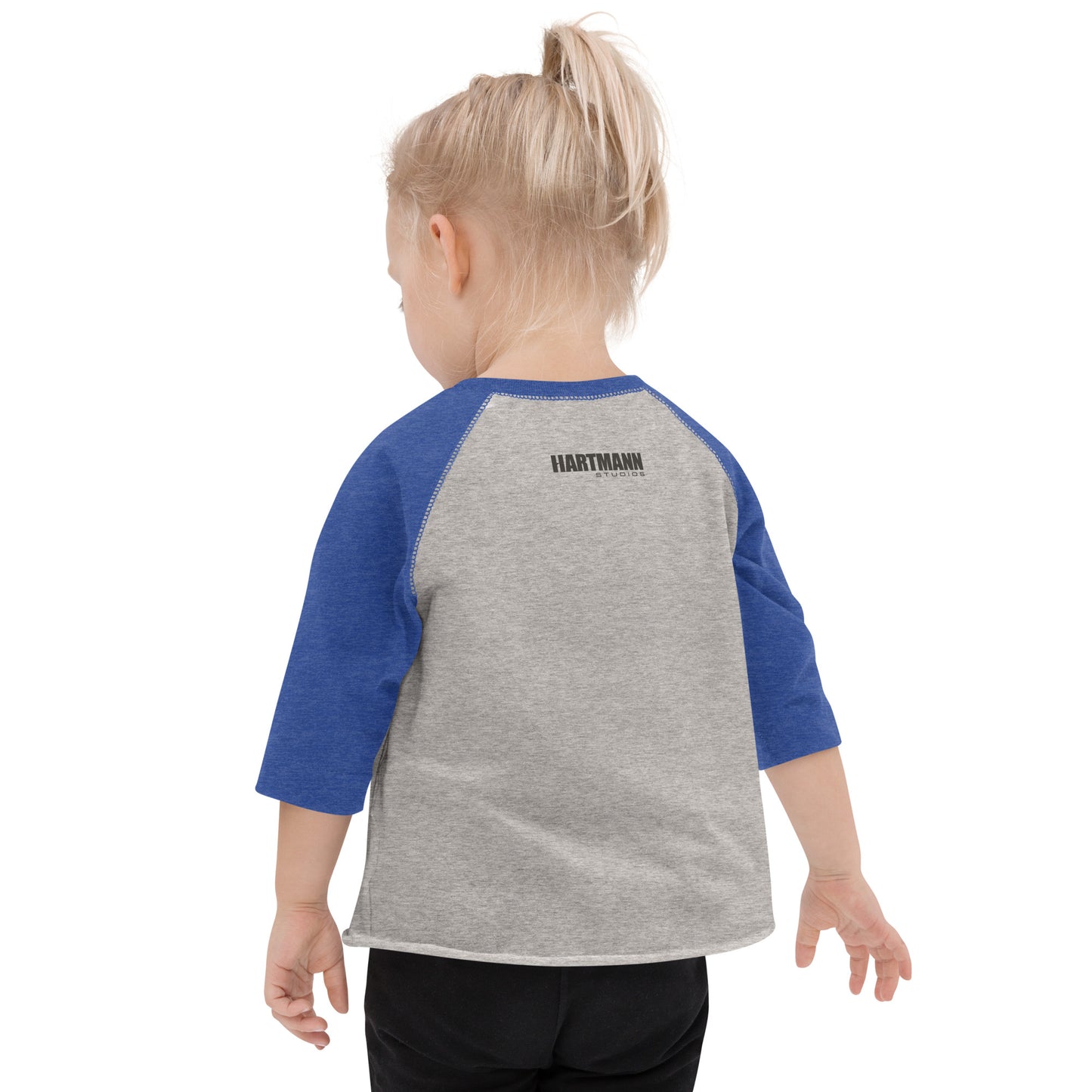 Toddler baseball shirt with color H logo on front and black text logo on back