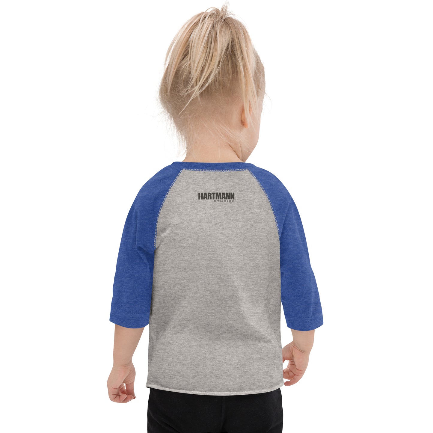 Toddler baseball shirt with color H logo on front and black text logo on back