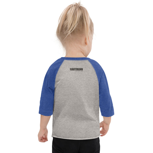 Toddler baseball shirt with color H logo on front and black text logo on back