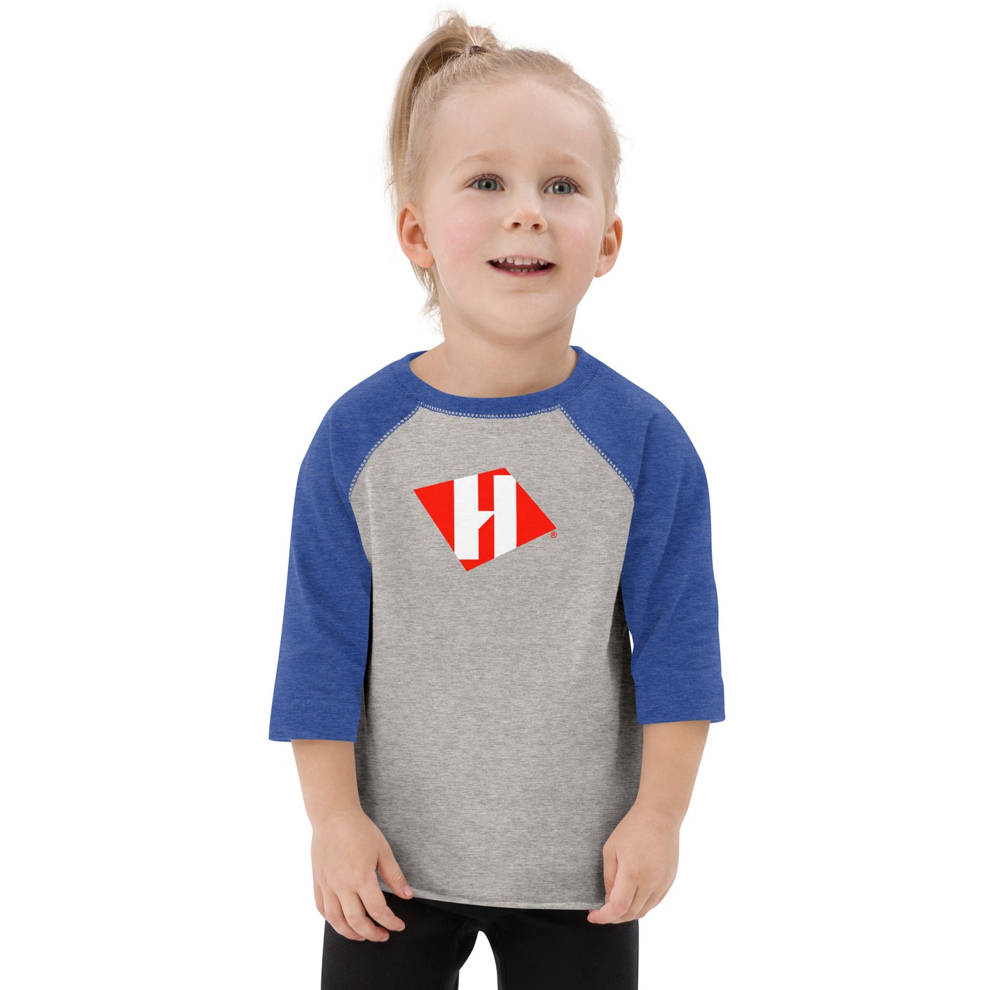 Toddler baseball shirt with color H logo on front and black text logo on back