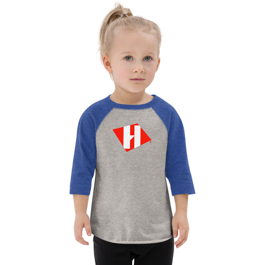 Toddler baseball shirt with color H logo on front and black text logo on back