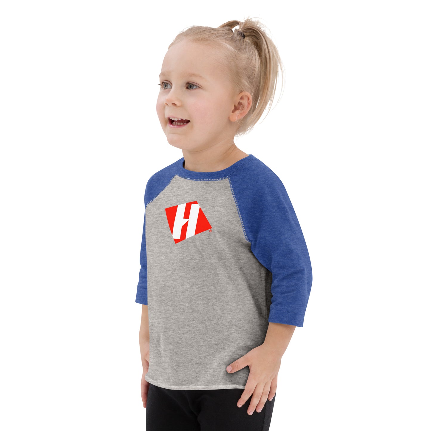 Toddler baseball shirt with color H logo on front and black text logo on back
