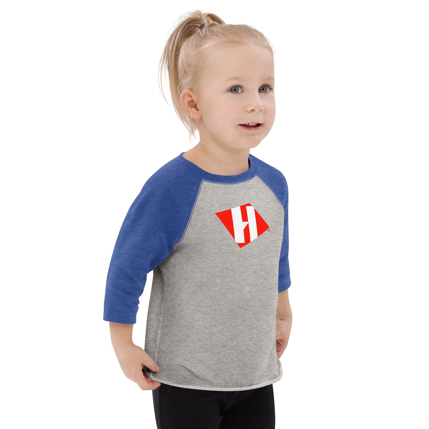 Toddler baseball shirt with color H logo on front and black text logo on back