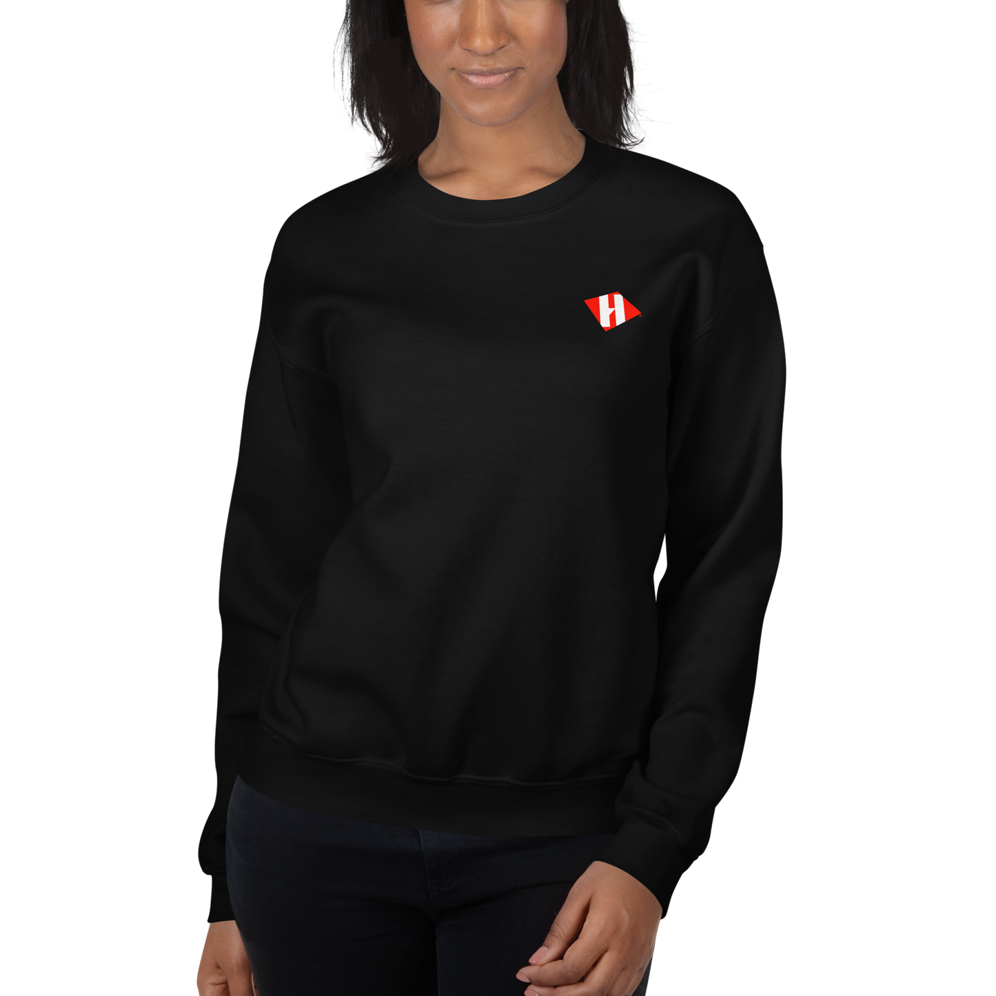 Unisex sweatshirt w/printed color H logo on front & white text logo on back