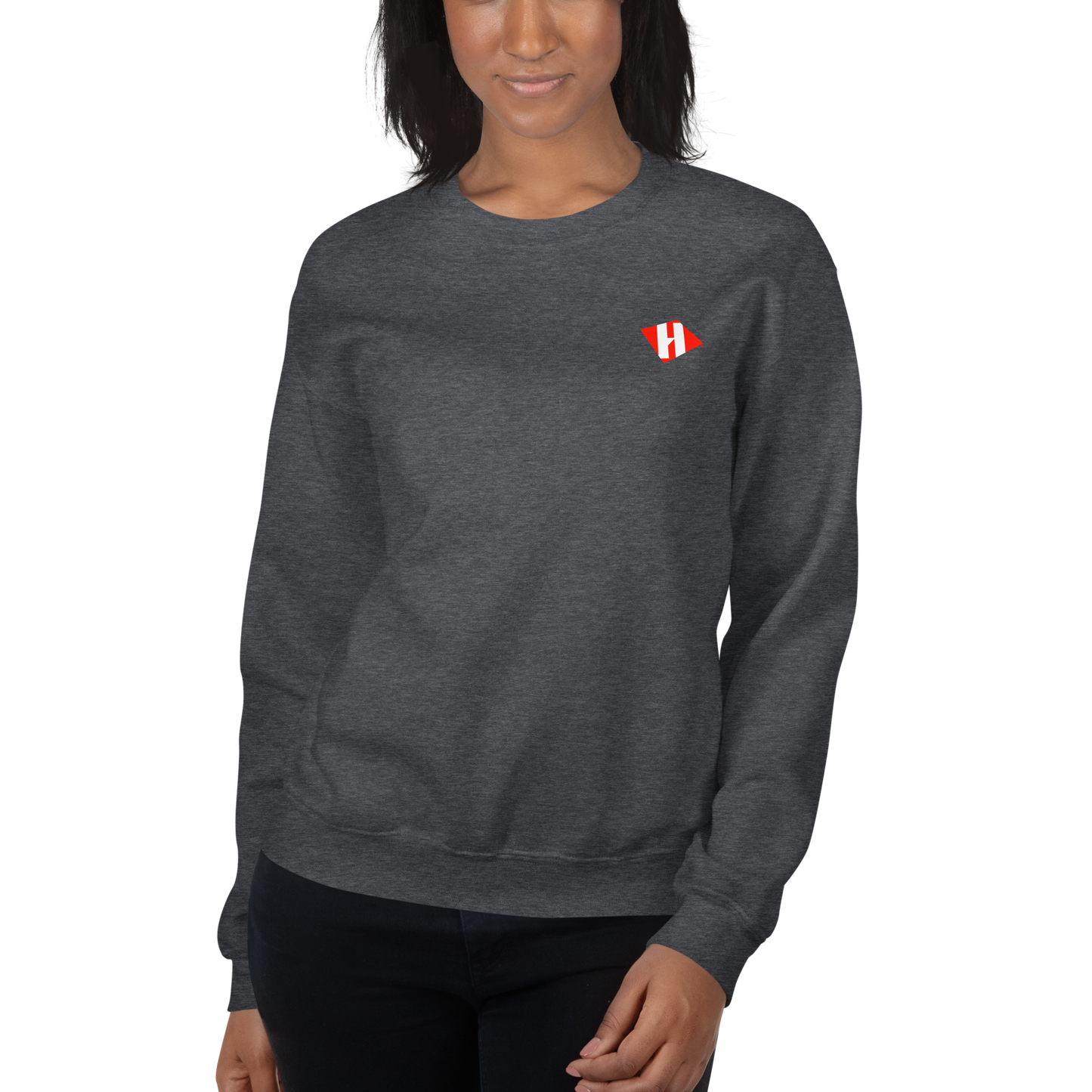 Unisex sweatshirt w/printed color H logo on front & white text logo on back