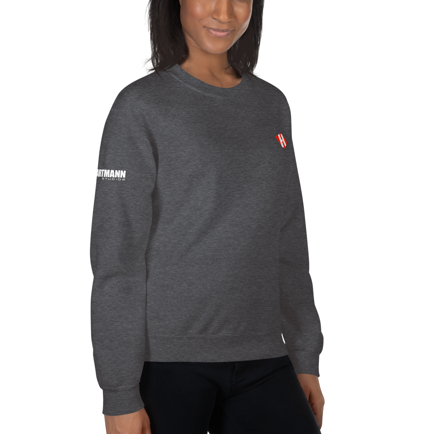 Unisex sweatshirt w/printed color H logo on front & white text logo on right sleeve