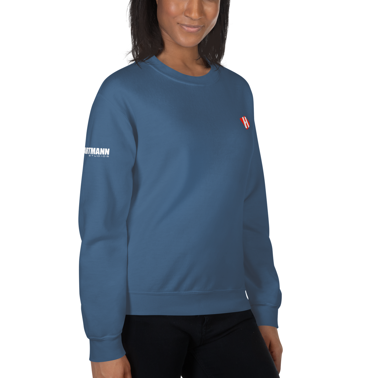 Unisex sweatshirt w/printed color H logo on front & white text logo on right sleeve
