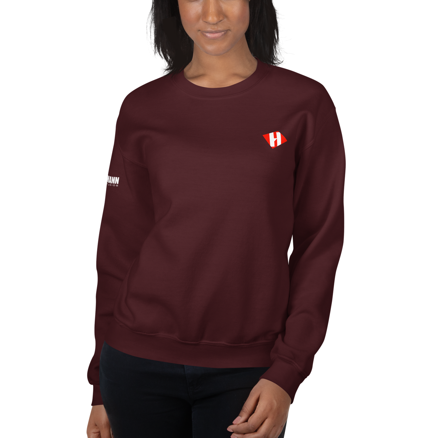 Unisex sweatshirt w/printed color H logo on front & white text logo on right sleeve