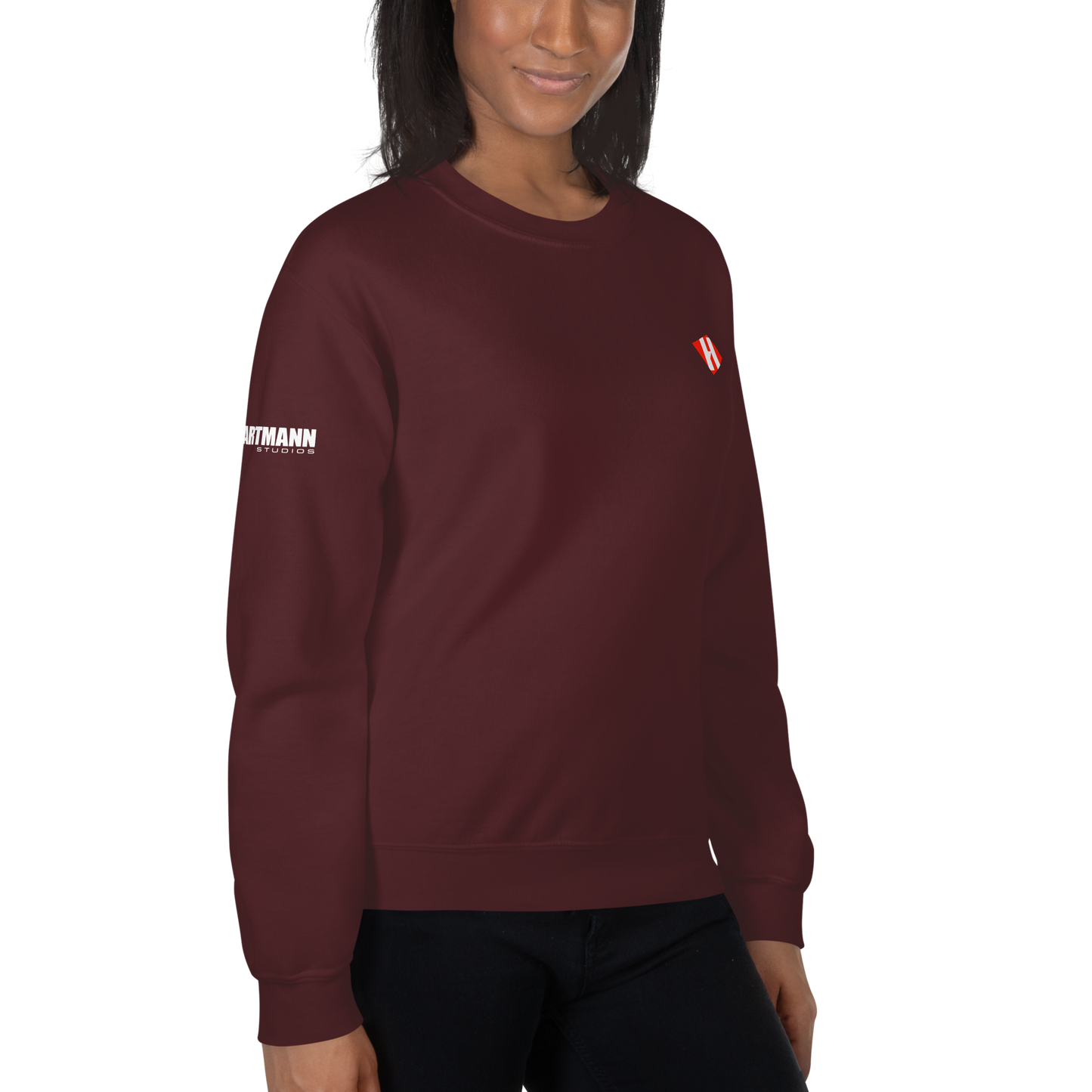 Unisex sweatshirt w/printed color H logo on front & white text logo on right sleeve