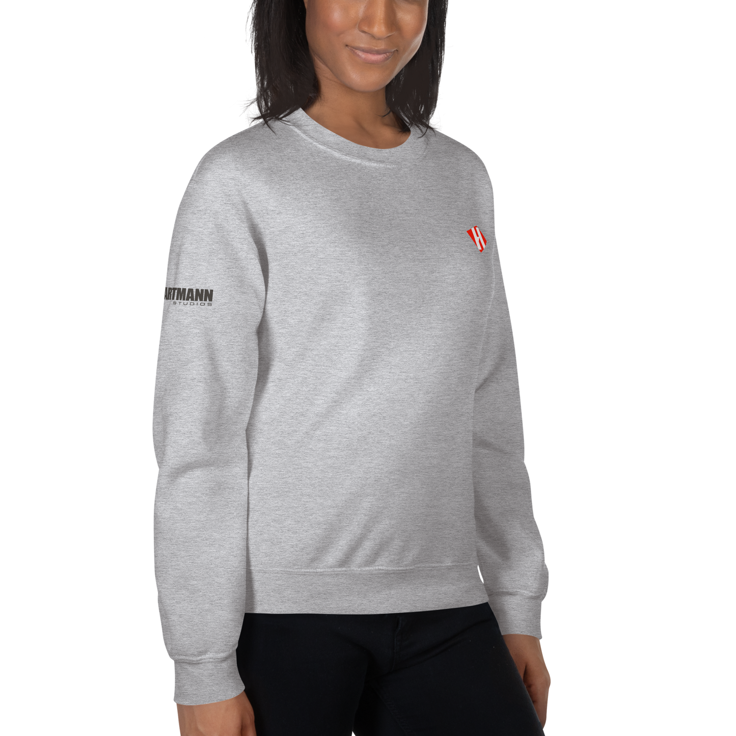 Unisex sweatshirt w/printed color H logo on front & grey text logo on right sleeve