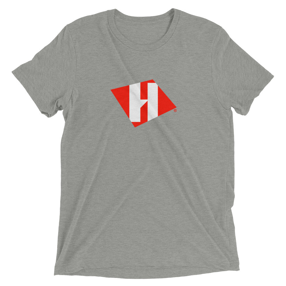 Short sleeve t-shirt with color H logo on front and black text logo on back