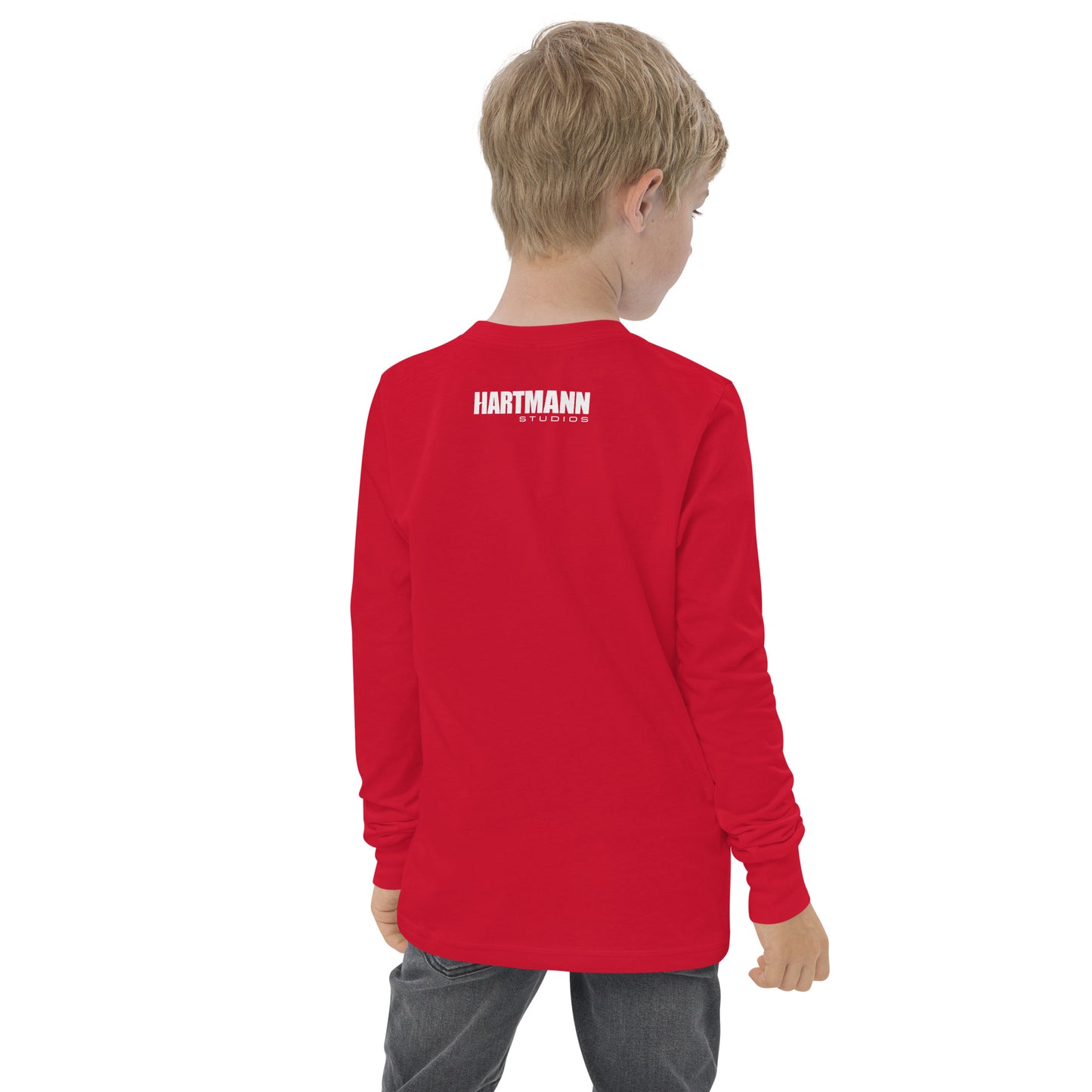 Youth long sleeve tee with white H logo on front and white text logo on back