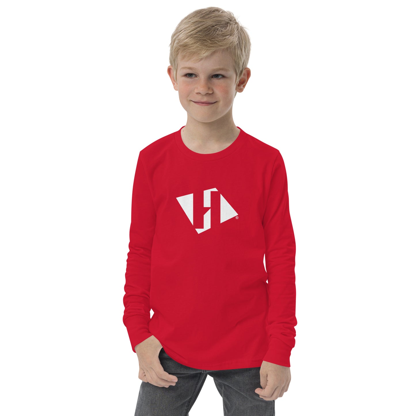 Youth long sleeve tee with white H logo on front and white text logo on back