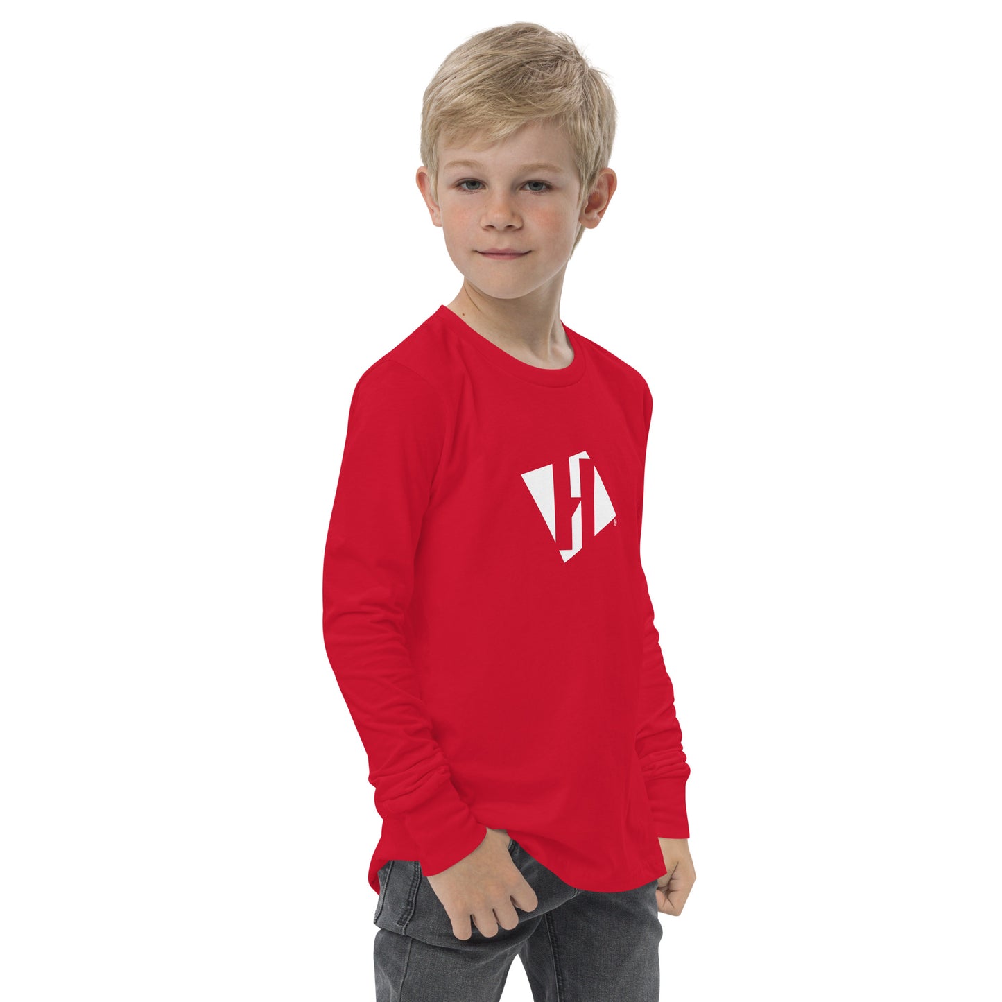 Youth long sleeve tee with white H logo on front and white text logo on back
